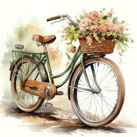 ai generiert Aquarell Fahrrad mit Blumen im das Korb isoliert auf Weiß Hintergrund. ai generiert foto