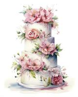 ai generiert Aquarell Hochzeit Kuchen isoliert auf Weiß Hintergrund. ai generiert foto