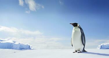 ai generiert Pinguin Stehen im Antarktis suchen in das Blau Himmel. ai generiert foto