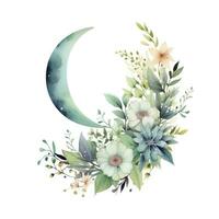 ai generiert Aquarell Blumen- Mond mit Grün auf ein Weiß Hintergrund. ai generiert foto