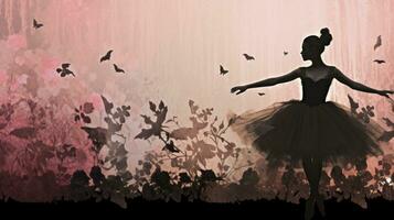 ai generiert dunkel Farbe Jahrgang texturiert Ballerina Silhouette mit Pflanze und Blumen- Elemente wie ein Hintergrund zum das Innere Kunst Zeichnung foto
