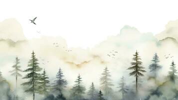 ai generiert Hintergrund Landschaft Muster von Kiefer Bäume mit Himmel Wolken und Vögel Aquarell Gemälde mit ein Weiß Hintergrund foto