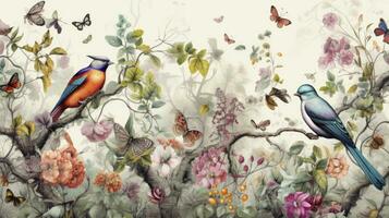 ai generiert Wald Oase Hintergrund. ein Zeichnung Muster mit ein üppig Landschaft mit Vögel, Schmetterlinge, und Bäume, im konsistent Wald Farben, Ideal zum verwandeln Wände in ein natürlich Oase. foto