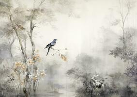 ai generiert luxuriös Opulenz gemalt Hintergrund abbilden ein Wald mit ein Hain von Bäume und Vögel, gefertigt im monochromatisch Tinte waschen. Mauer Kunst Gemälde zum Japan, China. foto