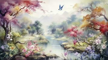 ai generiert Hintergrund Aquarell Gemälde von Wald Landschaft mit See, Pflanzen, Bäume, Rosen, Vögel, Schmetterlinge und Insekten foto
