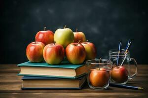 ai generiert glücklich Lehrer Tag Bild realistisch Klassenzimmer mit Bücher Äpfel und Bleistifte generativ ai foto