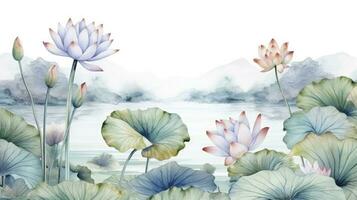 ai generiert Aquarell Hintergrund Muster Landschaft von Lotus Blume mit See Hintergrund foto