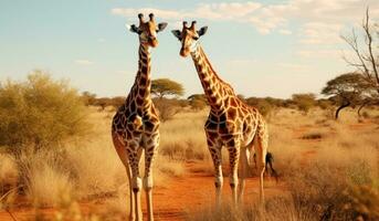 ai generiert zwei Giraffen im ein trocken Wildnis foto