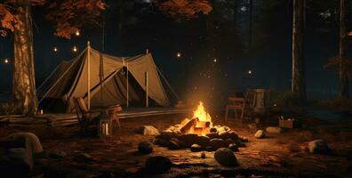 ai generiert das Lagerfeuer im das Wald mit Zelt um es und ein Stuhl, foto