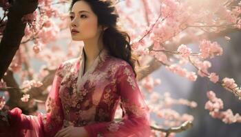 ai generiert Frau von Chinesisch Erbe im ein traditionell Outfit Gehen durch blühen Bäume foto