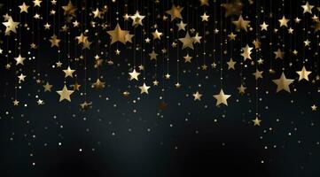 ai generiert hängend golden Sterne auf sternenklar Nacht Hintergrund foto