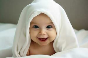 ai generiert ein süß Baby lächelnd beim Du. ai generiert foto