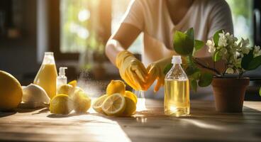 ai generiert ein Frau mit Reinigung Handschuhe, sprühen Flasche und ein Gelb Stoff zu sauber ein Küche Arbeitsplatte foto