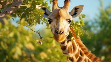 ai generiert süß Giraffe isst Blätter von Baum auf Afrika foto