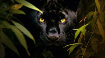 ai generiert ein glatt und mächtig schwarz Panther streift durch das Unterholz foto