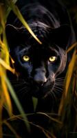 ai generiert ein glatt und mächtig schwarz Panther streift durch das Unterholz foto