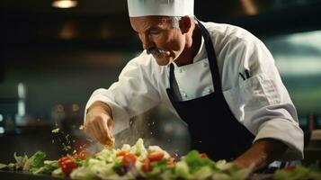 ai generiert ein Koch im Aktion, werfen ein Salat mit ein aussehen von Konzentration auf seine Gesicht foto