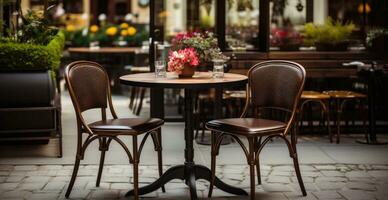 ai generiert ein Bürgersteig mit drei Cafe Tabellen und Stühle auf ein Terrasse foto