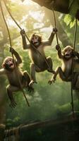 ai generiert ein spielerisch Gruppe von Affen Schaukeln durch das Bäume foto