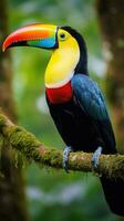 ai generiert ein atemberaubend Nahansicht von ein brillant farbig Tukan thront auf ein Baum Ast foto