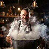 ai generiert ein Koch halten ein dämpfen Topf von Suppe, mit Dampf steigend um seine Gesicht foto