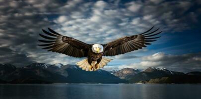 ai generiert ein majestätisch Adler hochfliegend durch das Himmel, mit es ist mächtig Flügel verlängert foto