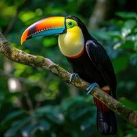 ai generiert ein atemberaubend Nahansicht von ein brillant farbig Tukan thront auf ein Baum Ast foto