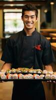 ai generiert gut aussehend Koch halten ein Tablett von schön gefertigt Sushi Rollen foto