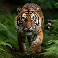 ai generiert ein majestätisch Bengalen Tiger, mit es ist auffällig orange-schwarz Mantel foto