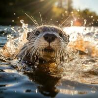 ai generiert ein neugierig und spielerisch Otter spritzt durch das Wasser foto