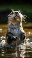 ai generiert ein neugierig und spielerisch Otter spritzt durch das Wasser foto