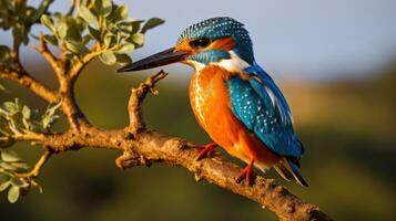 ai generiert ein bunt Eisvogel thront auf ein Baum Ast foto