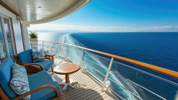 ai generiert ein Nahansicht von ein luxuriös Kabine Balkon auf ein Kreuzfahrt Schiff foto
