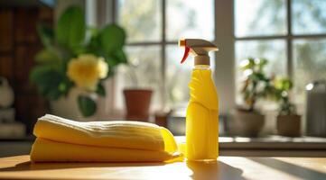 ai generiert ein Flasche von Zuhause Reinigung sprühen und Handtücher auf ein Zähler foto