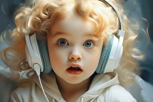 ai generiert ein süß Kind tragen ein kabellos Kopfhörer. generativ ai. foto