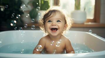 ai generiert ein glücklich Baby Lachen im das Badewanne. generativ ai. foto