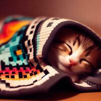 ein Katze ist Schlafen tragen ein Decke, ai generiert. foto