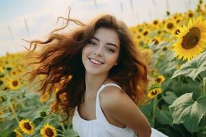 ai generiert 20 Jahr alt jung Mädchen im ein Weiß Kleid und spielen im ein Sonnenblume Feld. foto