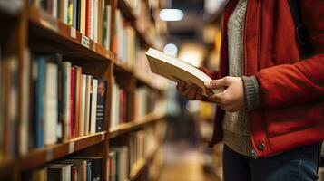 ai generiert ein Hochschule Schüler beschäftigt, verlobt im Buch Suche inmitten Bibliothek Regale. foto