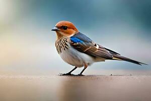 ai generiert ein klein Vogel mit ein Blau und Weiß Kopf foto