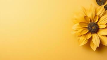 ai generiert Gelb Sonnenblume auf Gelb Hintergrund eben legen, oben Aussicht foto