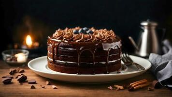 ai generiert Schokolade Kuchen mit Sahne und Blaubeeren auf hölzern Tabelle gegen dunkel Hintergrund foto