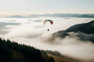 ai generiert Gleitschirmfliegen Fallschirm über das Nebel. generieren ai foto