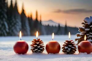ai generiert drei rot Kerzen sind zündete im das Schnee foto