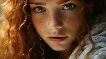 ai generiert schön Gesicht mit Sommersprossen von ein süß rothaarig jung Frau im das Sonne Strahlen foto