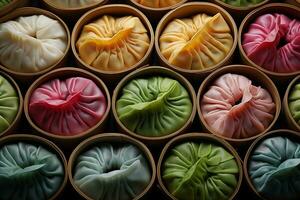 ai generiert Collage von bunt Knödel vereinbart worden im ein reizvoll Muster, z Chinesisch Neu Jahr Essen, lecker. Essen fotografieren foto