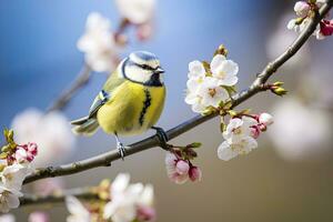 ai generiert ein Blaumeise Vogel ruhen auf das Ast von ein Baum. ai generiert. foto