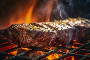 ai generiert Fleisch Grillen auf ein Holzkohle Grill mit Rauch steigend. ai generiert foto