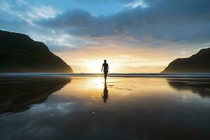 ai generiert ein Person Gehen auf das Strand beim Sonnenuntergang. ai generiert. foto