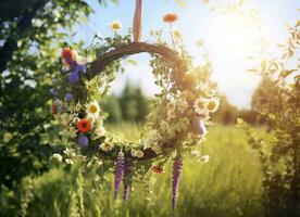 ai generiert rustikal Wildblumen Kranz auf ein sonnig Wiese. Sommer- Sonnenwende Tag, Hochsommer- Konzept. generativ ai foto